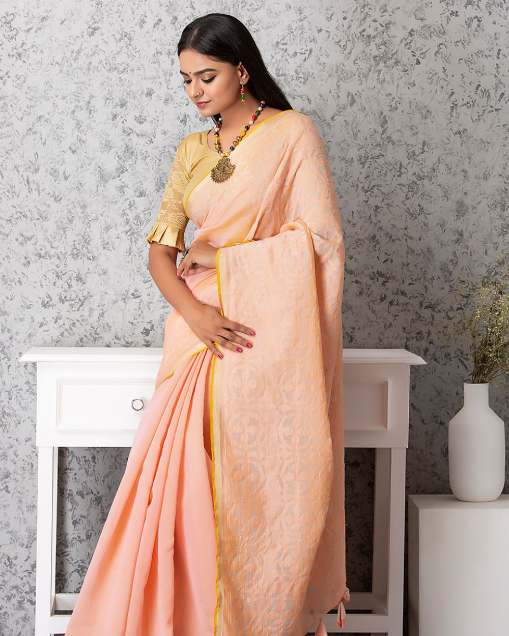 Chanderi Saree Applique Ball Motif, Light Peach