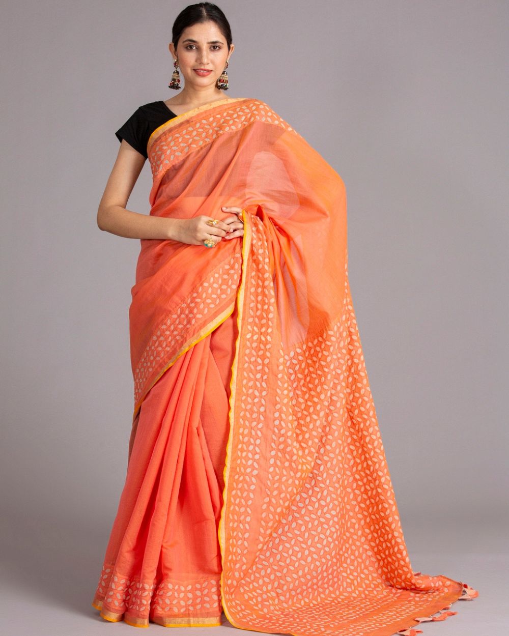 Chanderi Saree Applique Khuddi Motif, Orange