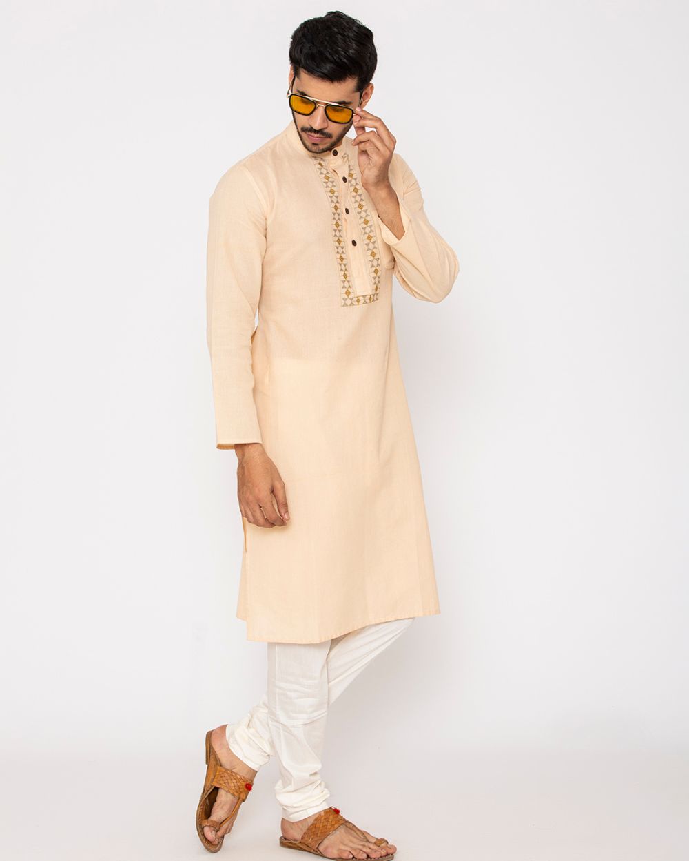 Chinese Collar Kurta Handwoven, Beige