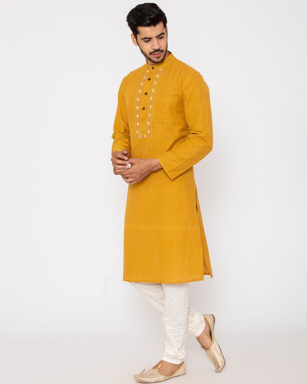 Chinese Collar Kurta Handwoven, Mustard