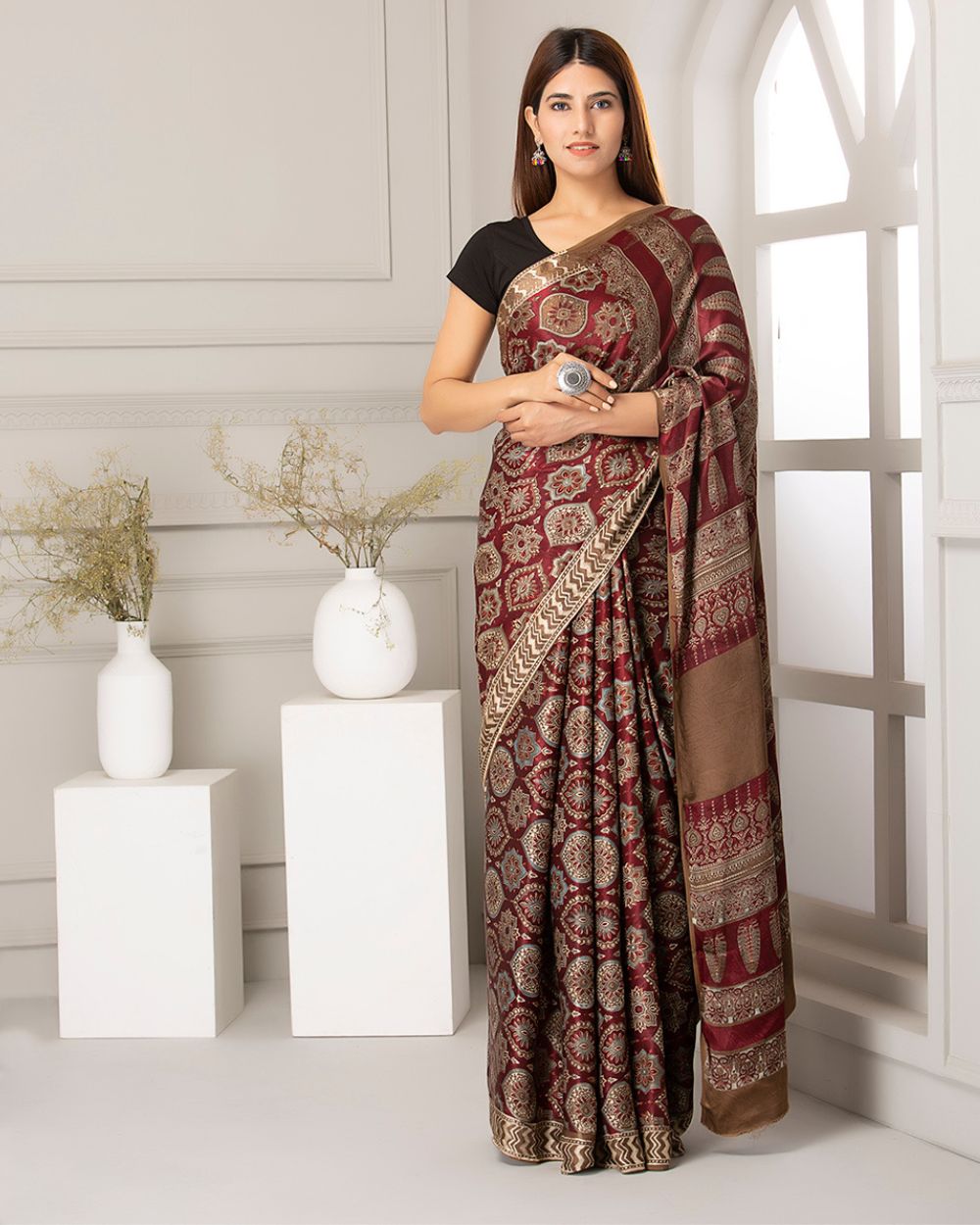 Silk Saree Ajrak Modal, Maroon