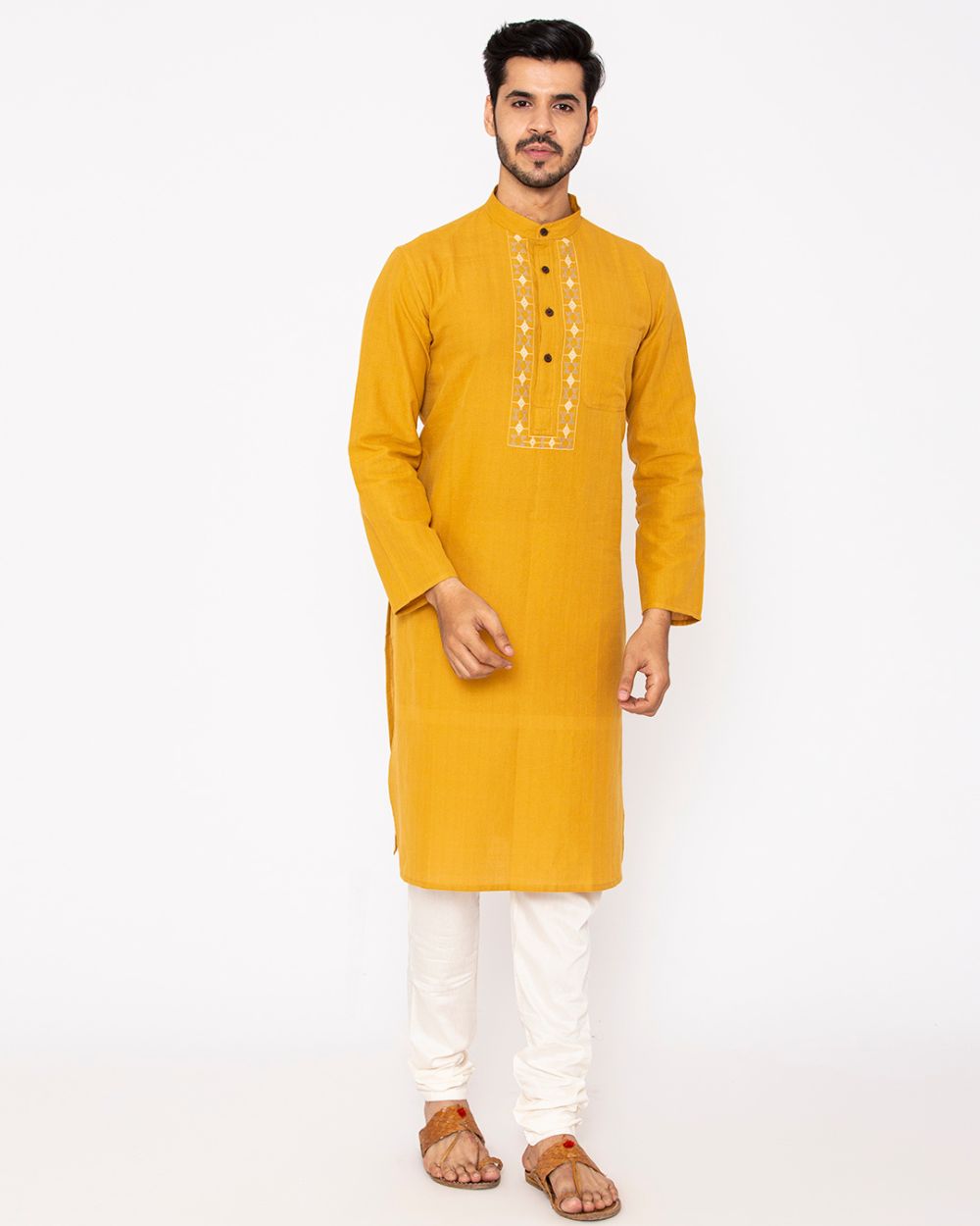 Chinese Collar Kurta Handwoven, Mustard