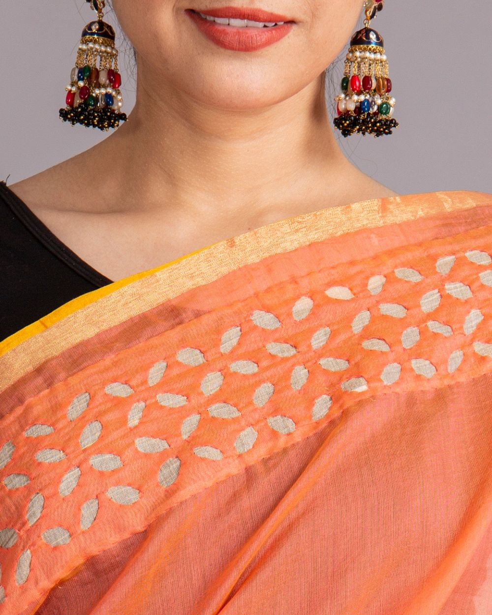 Chanderi Saree Applique Khuddi Motif, Orange