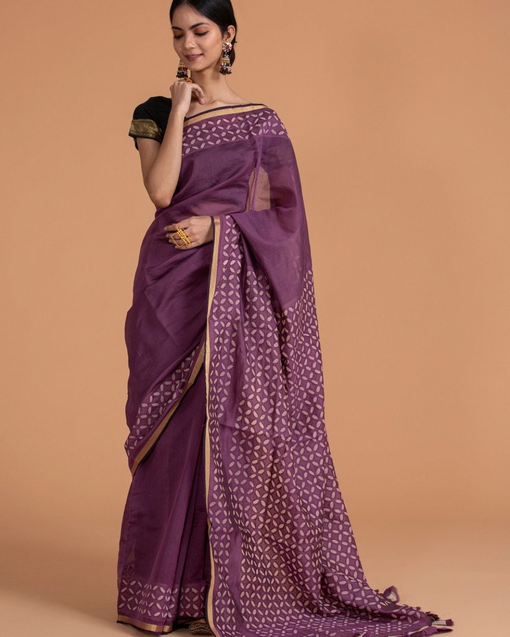 Chanderi Saree Applique Khuddi Motif, Violet