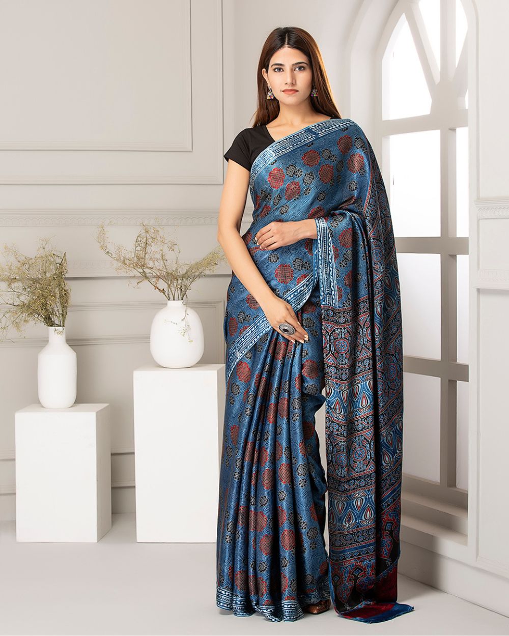 Silk Saree Ajrak Modal, Dark Blue