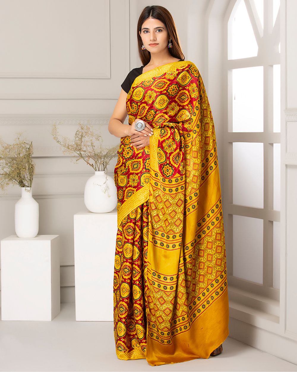 Silk Saree Ajrak Modal, Mustard