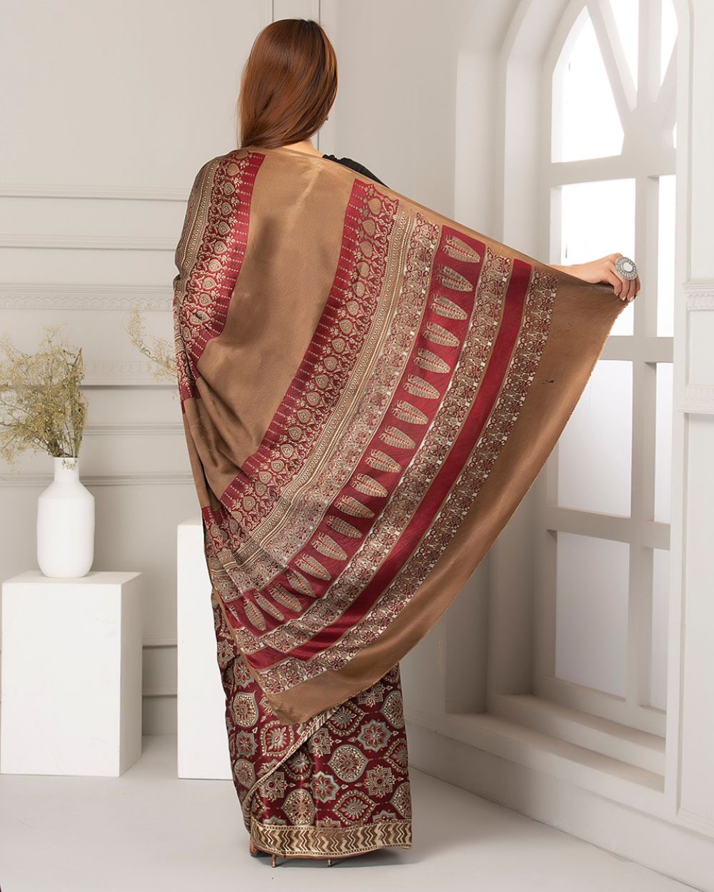 Silk Saree Ajrak Modal, Maroon