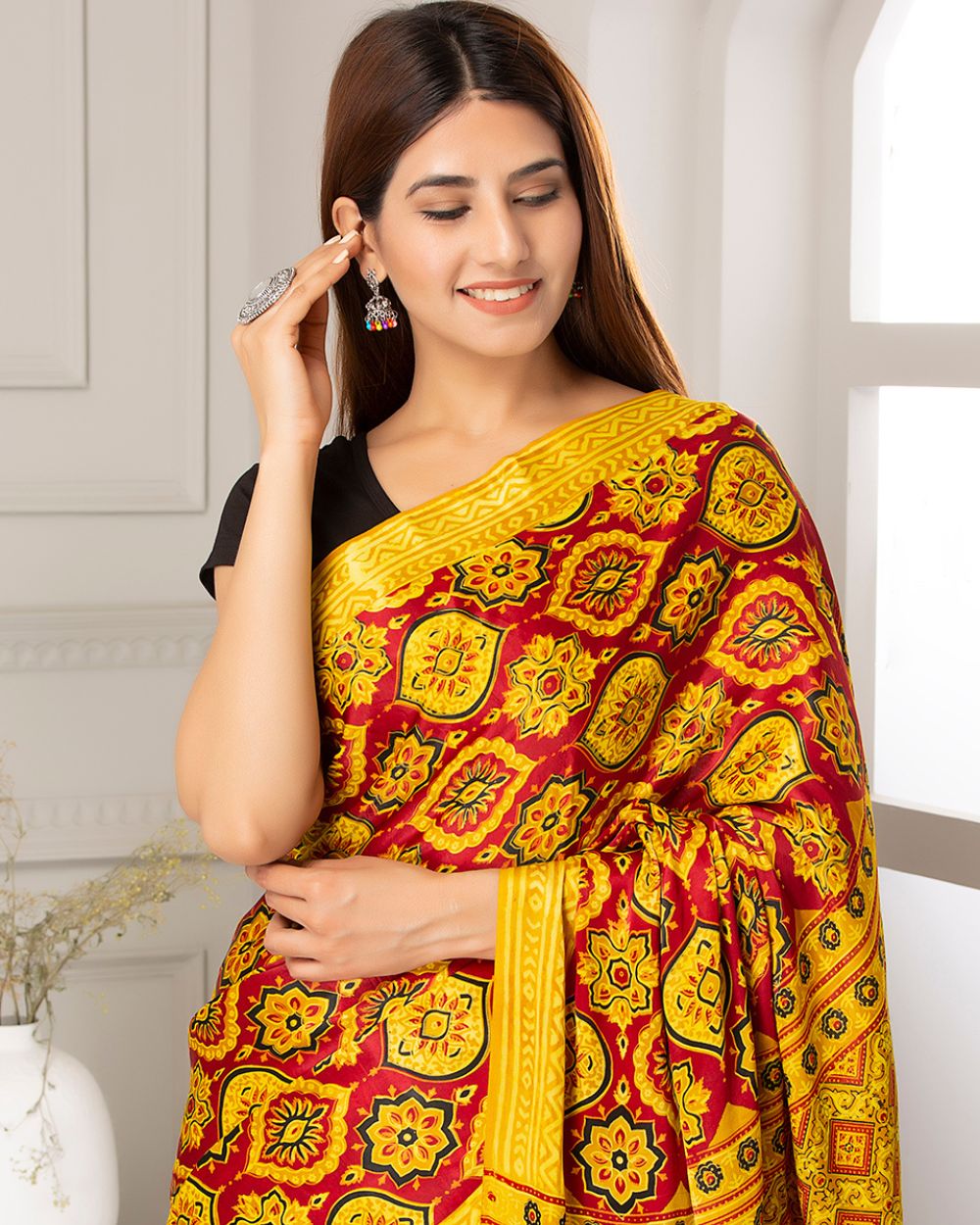 Silk Saree Ajrak Modal, Mustard