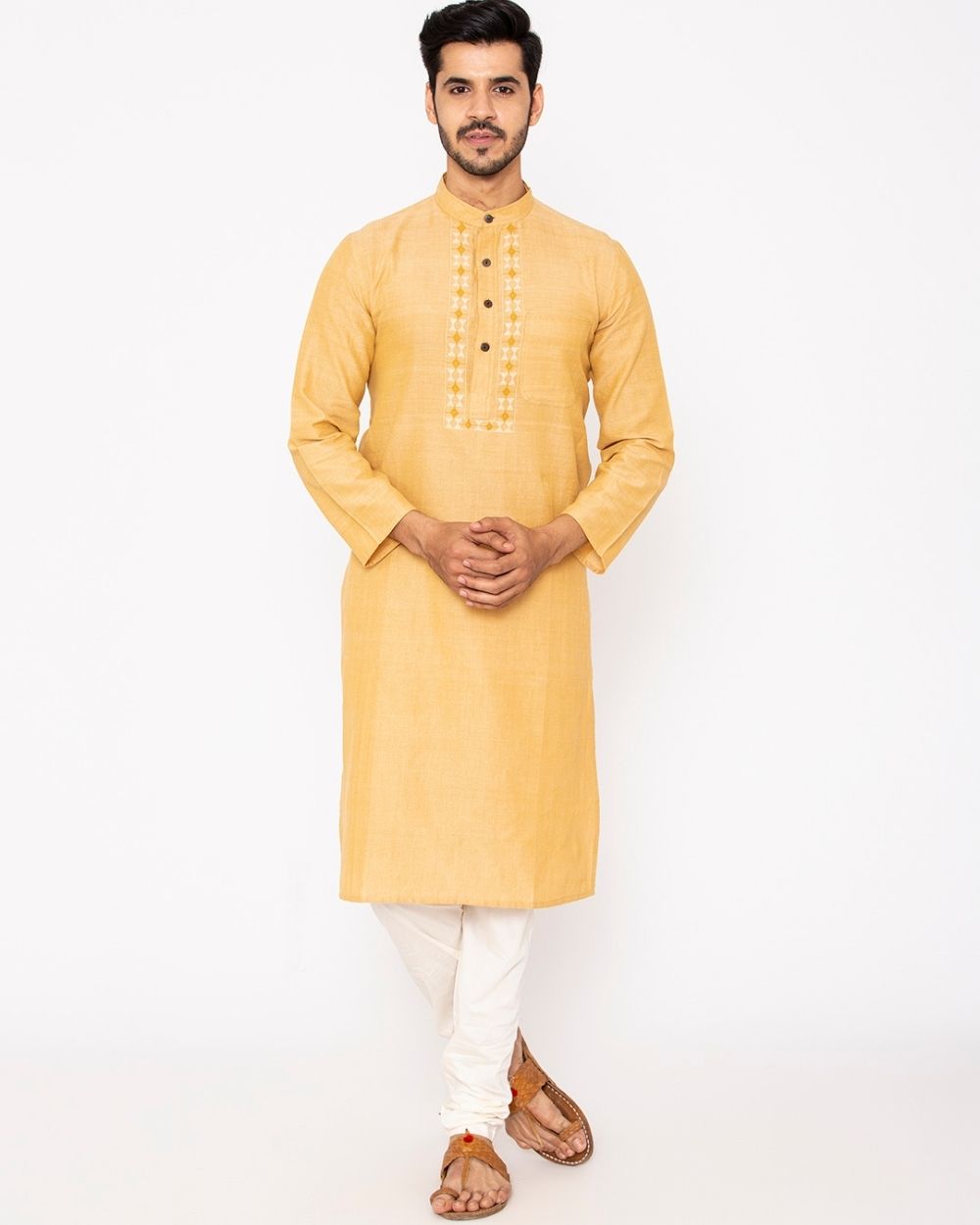 Chinese Collar Kurta Handwoven, Yellow