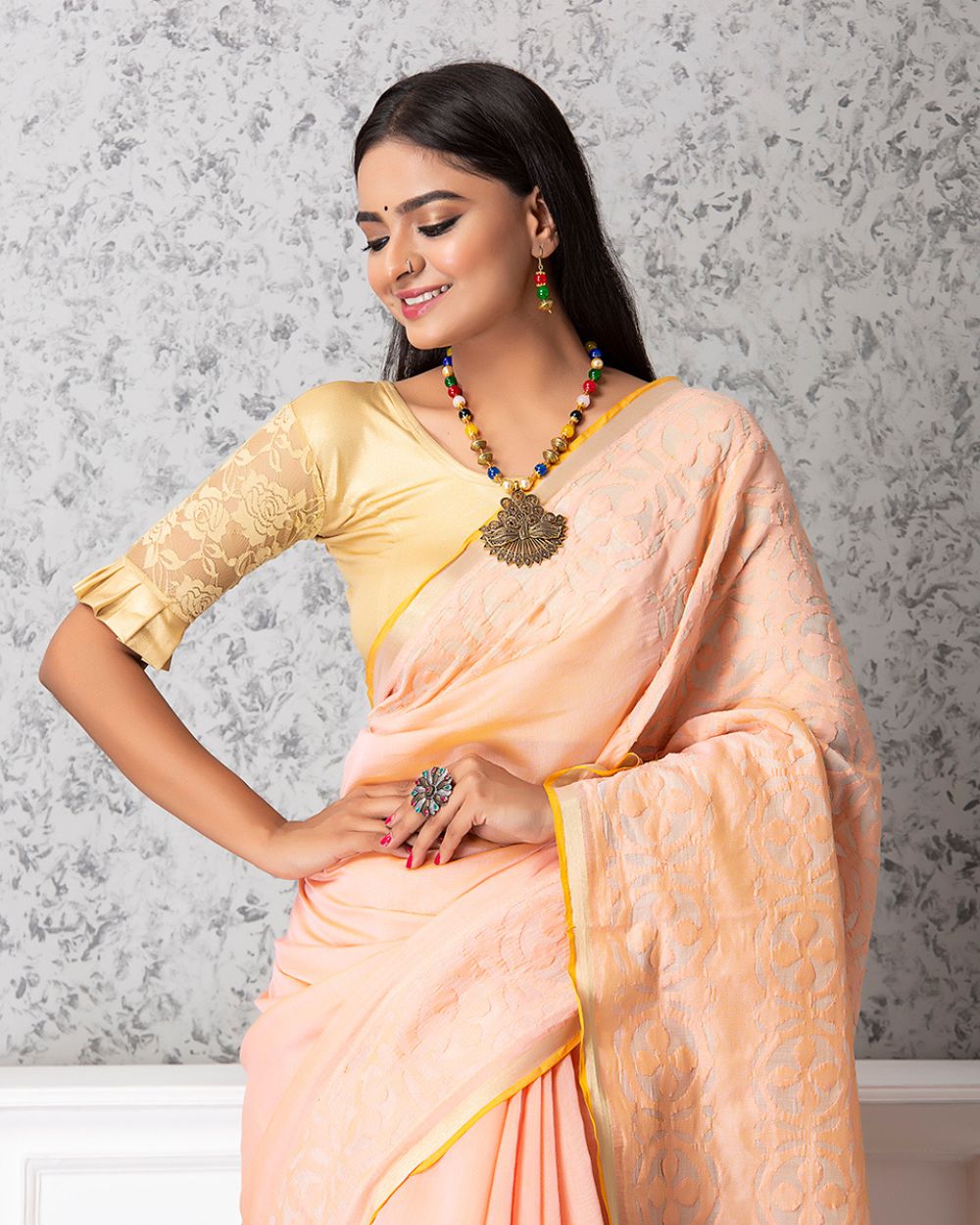 Chanderi Saree Applique Ball Motif, Light Peach
