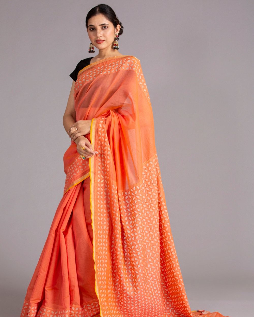 Chanderi Saree Applique Khuddi Motif, Orange