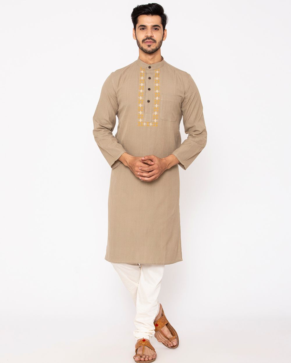 Chinese Collar Kurta Handwoven, Brown