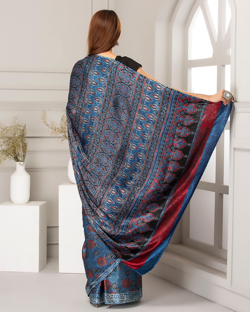 Silk Saree Ajrak Modal, Dark Blue