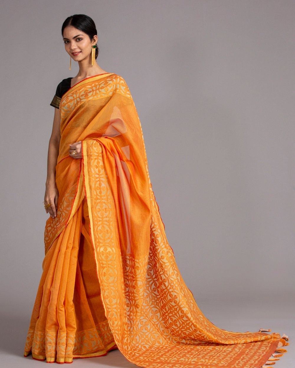 Chanderi Saree Applique Ball Motif, Orange