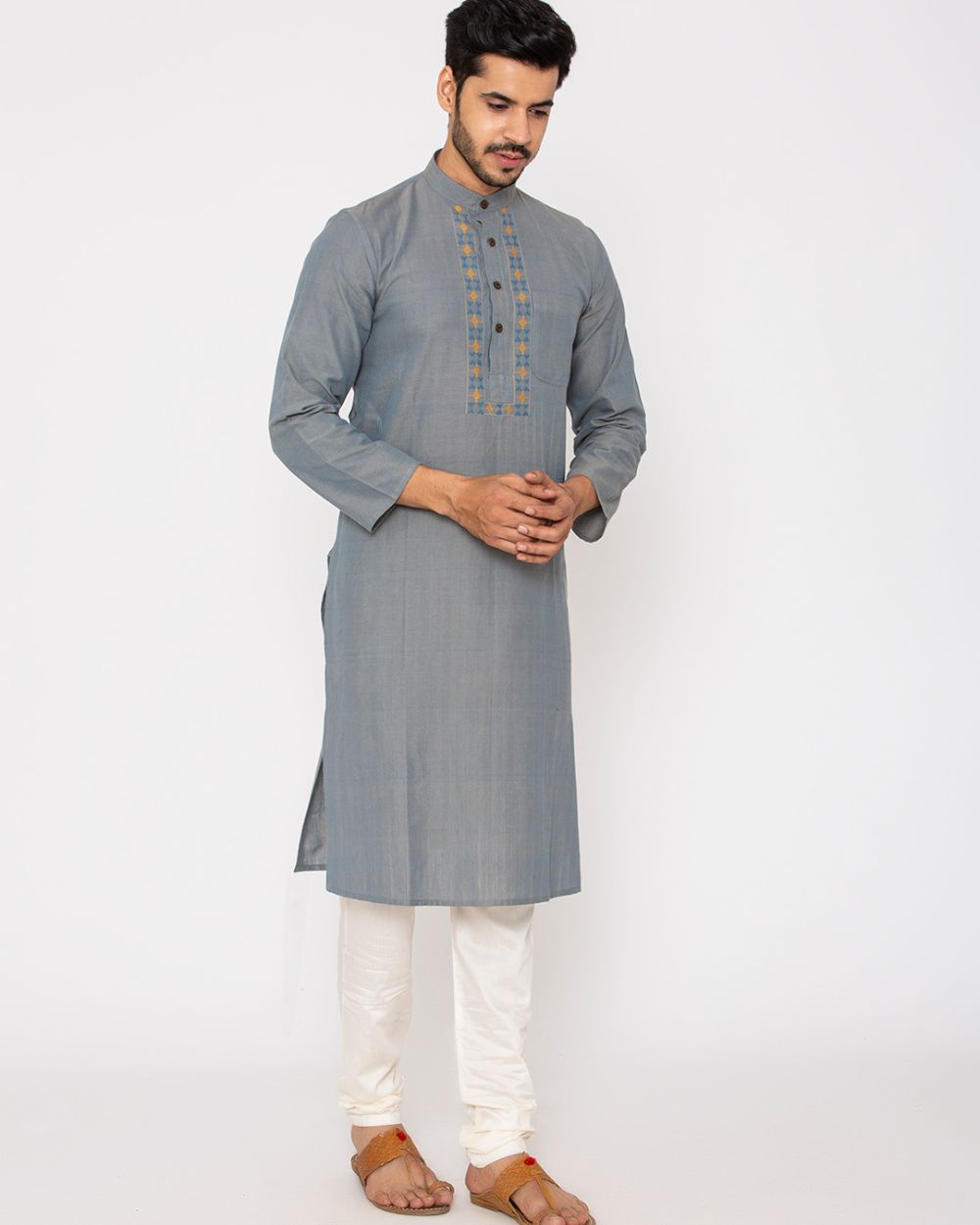 Chinese Collar Kurta Handwoven, Grey