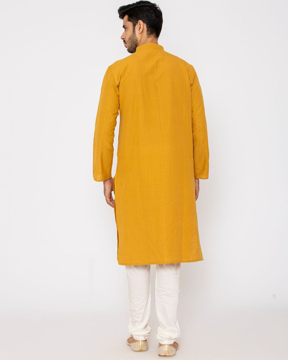 Elevate Your Style with a Mustard Handweaved Chinese Collar Kurta