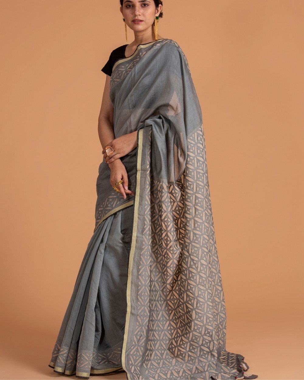 Chanderi Saree Applique Long Box Motif, Grey
