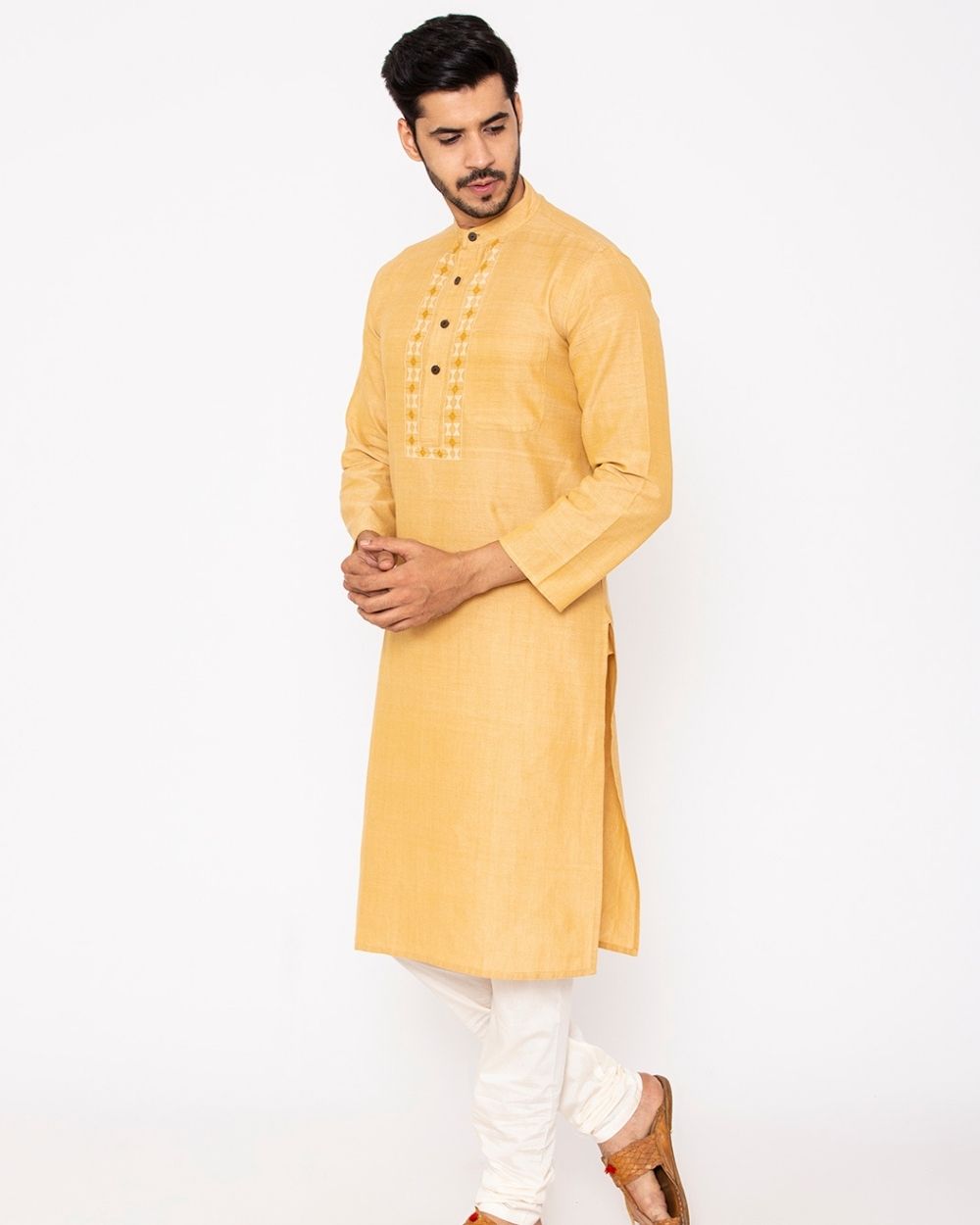 Chinese Collar Kurta Handwoven, Yellow