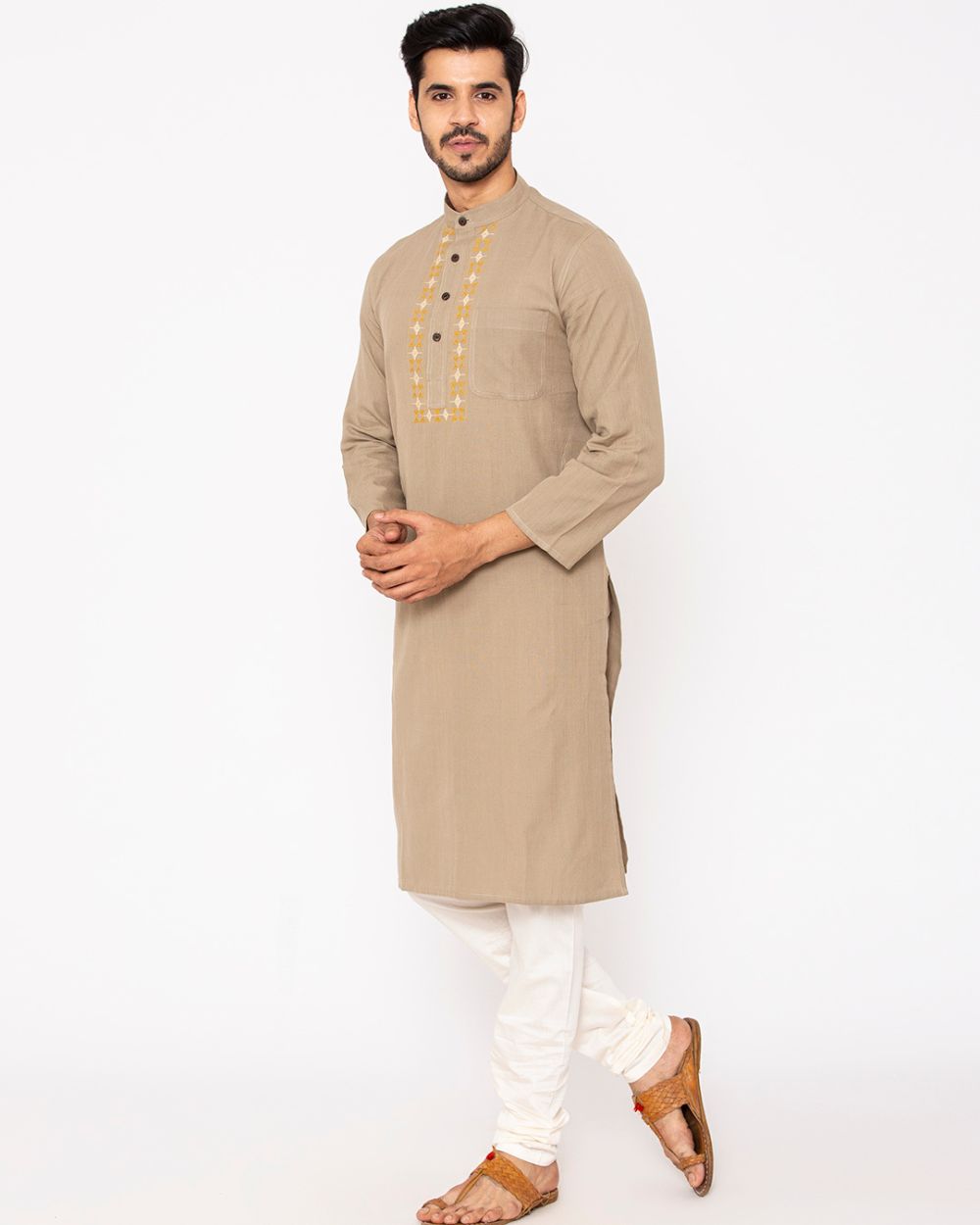 Chinese Collar Kurta Handwoven, Brown