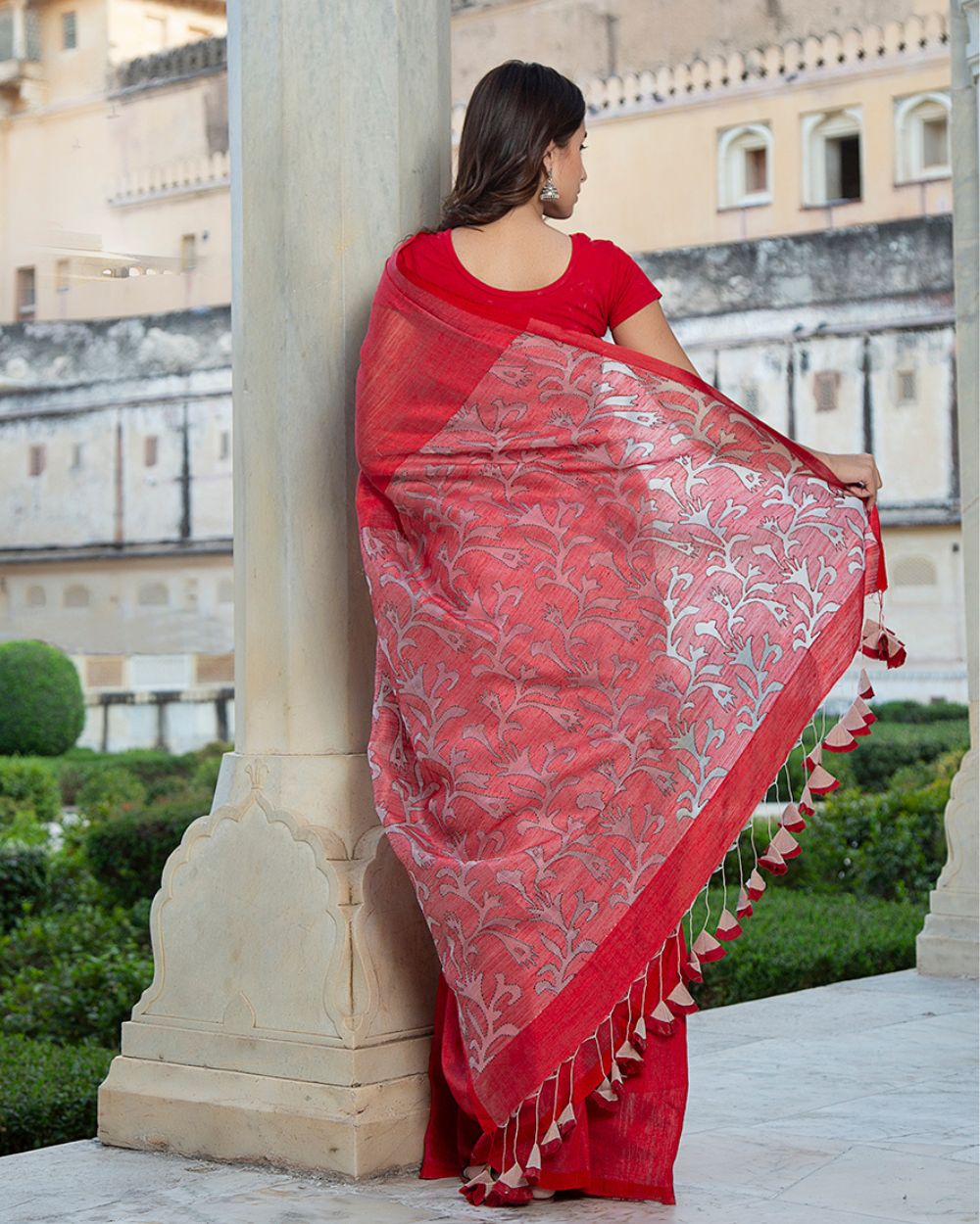 Tussar Silk Saree Kantha, Red