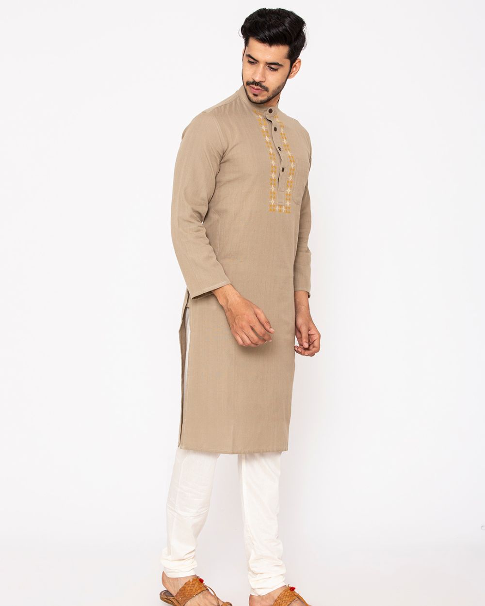 Chinese Collar Kurta Handwoven, Brown