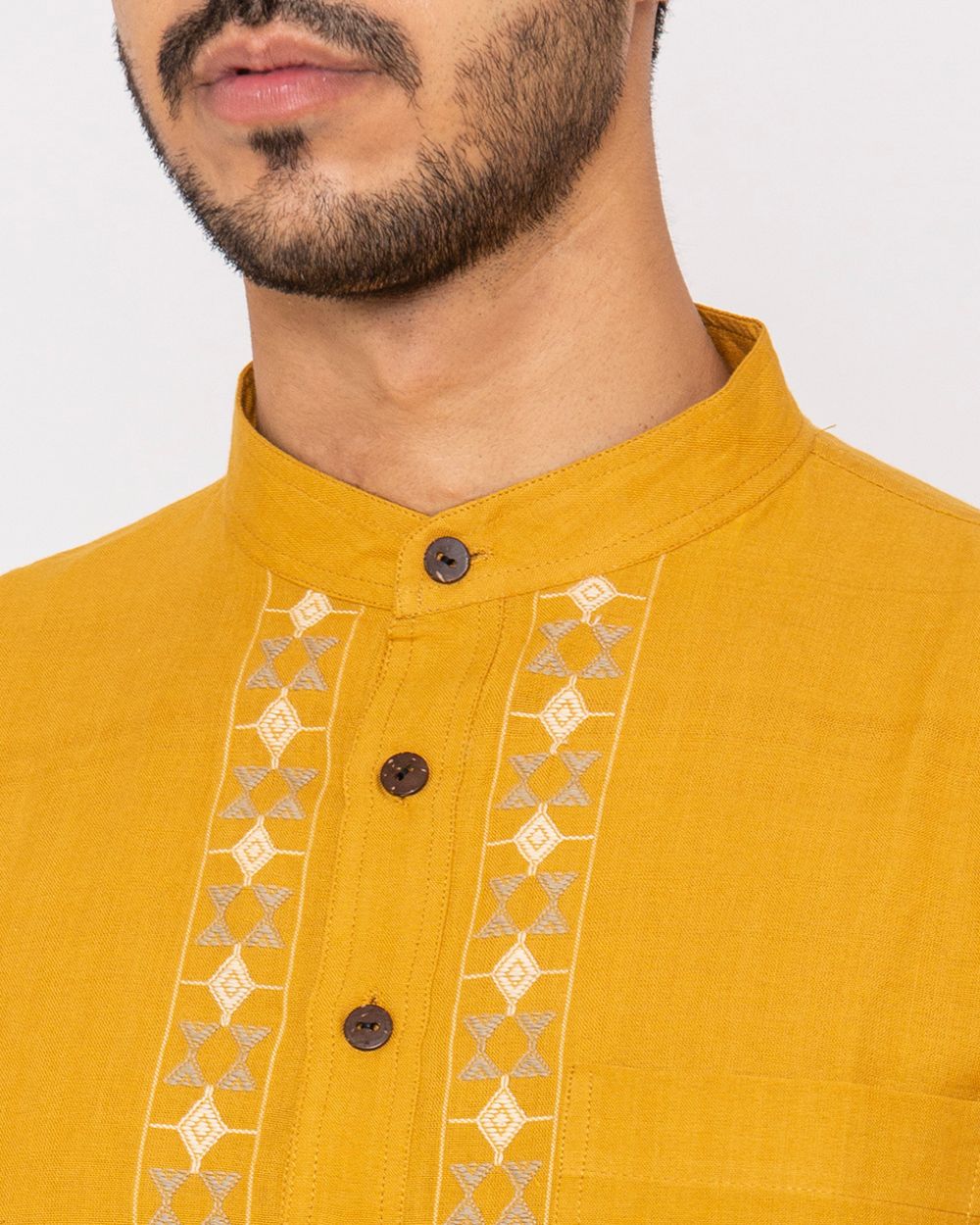 Chinese Collar Kurta Handwoven, Mustard