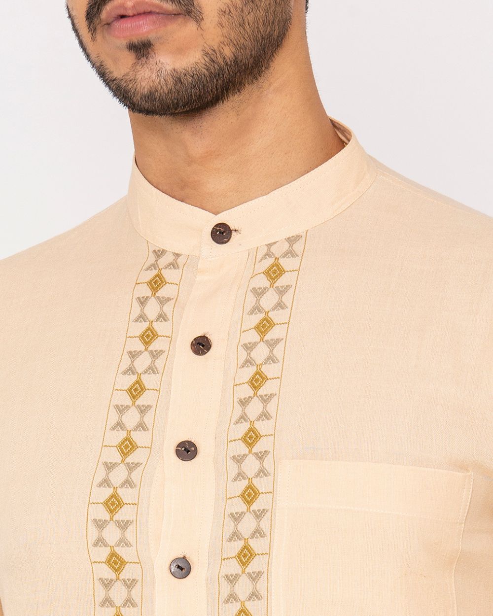 Chinese Collar Kurta Handwoven, Beige