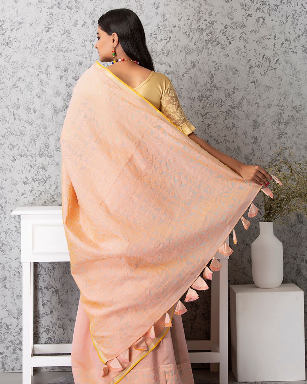 Chanderi Saree Applique Ball Motif, Light Peach