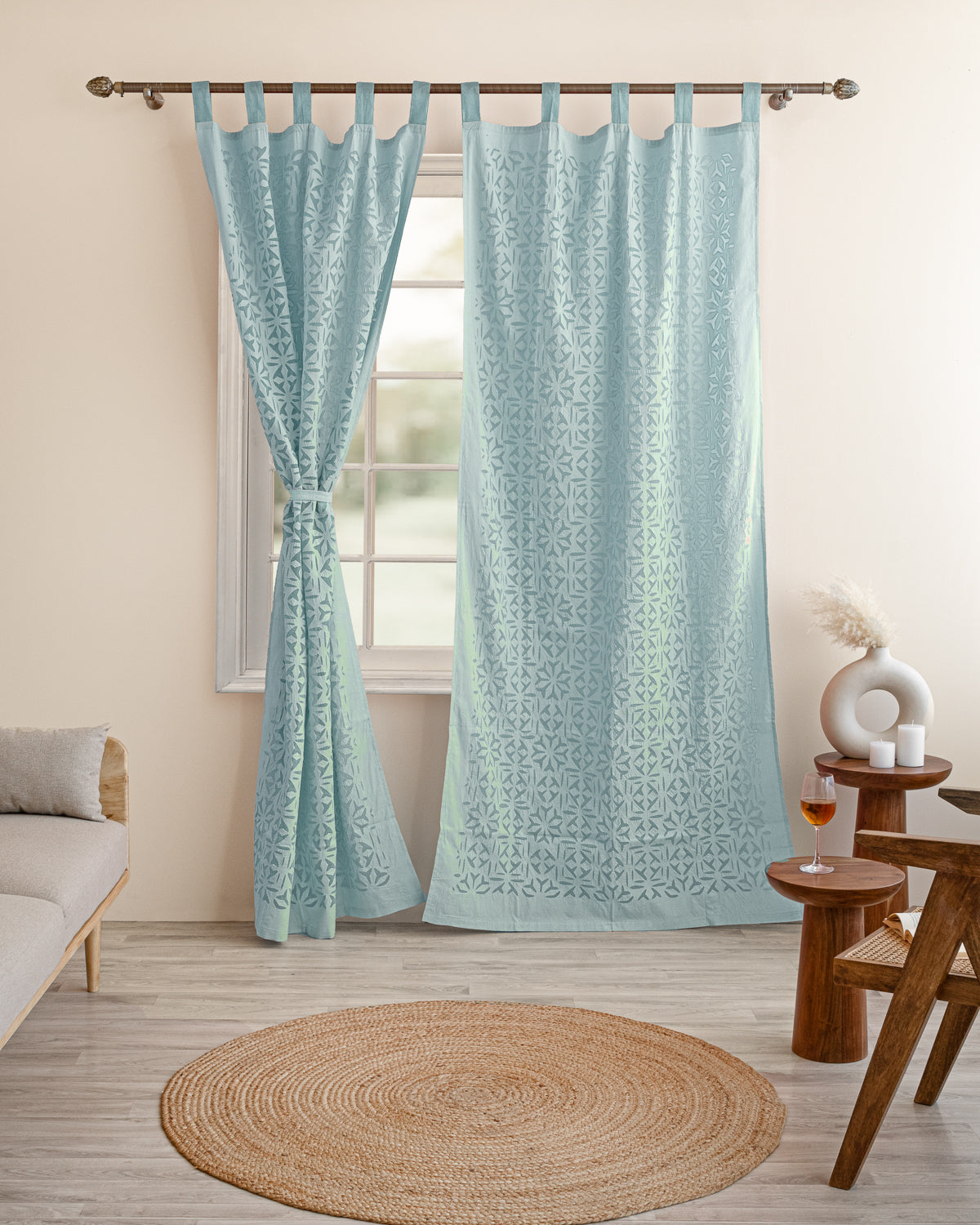 Curtains Applique Full Work Pattern, Light Blue