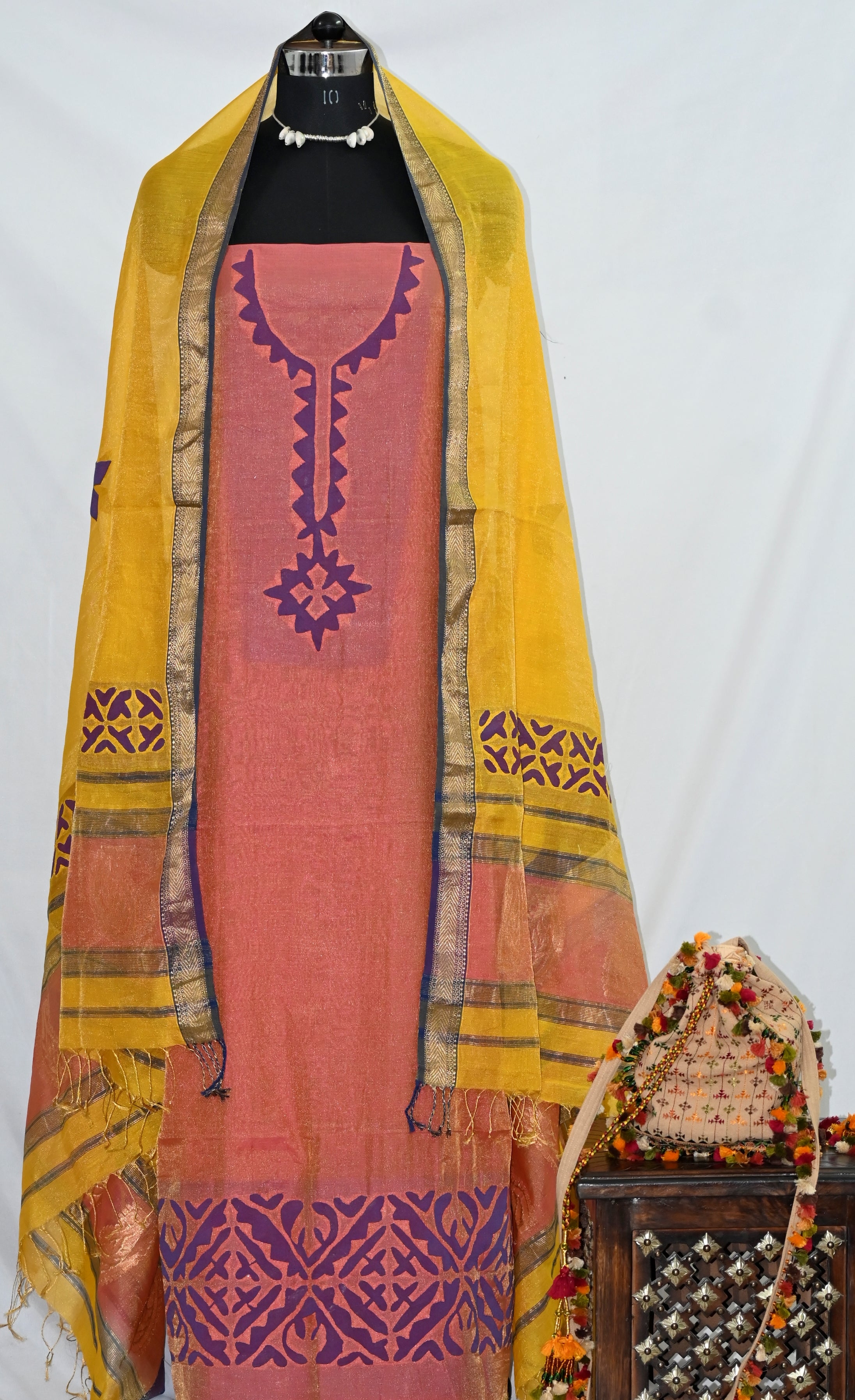 Kurta Fabric Applique Diamond Kungri, 2 Piece Tissue Maheshwari Silk Set with Dupatta