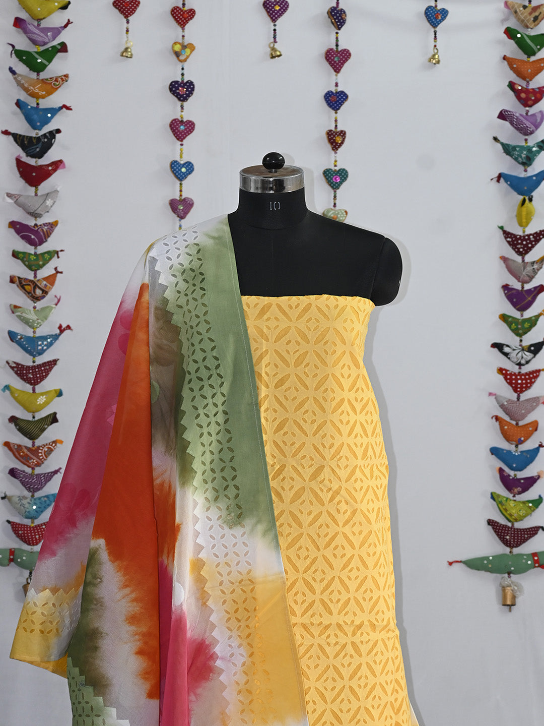 Kurta Fabric Applique Long Box Khuddi Design, 3 Piece Cotton Set with Tie and Dye Dupatta