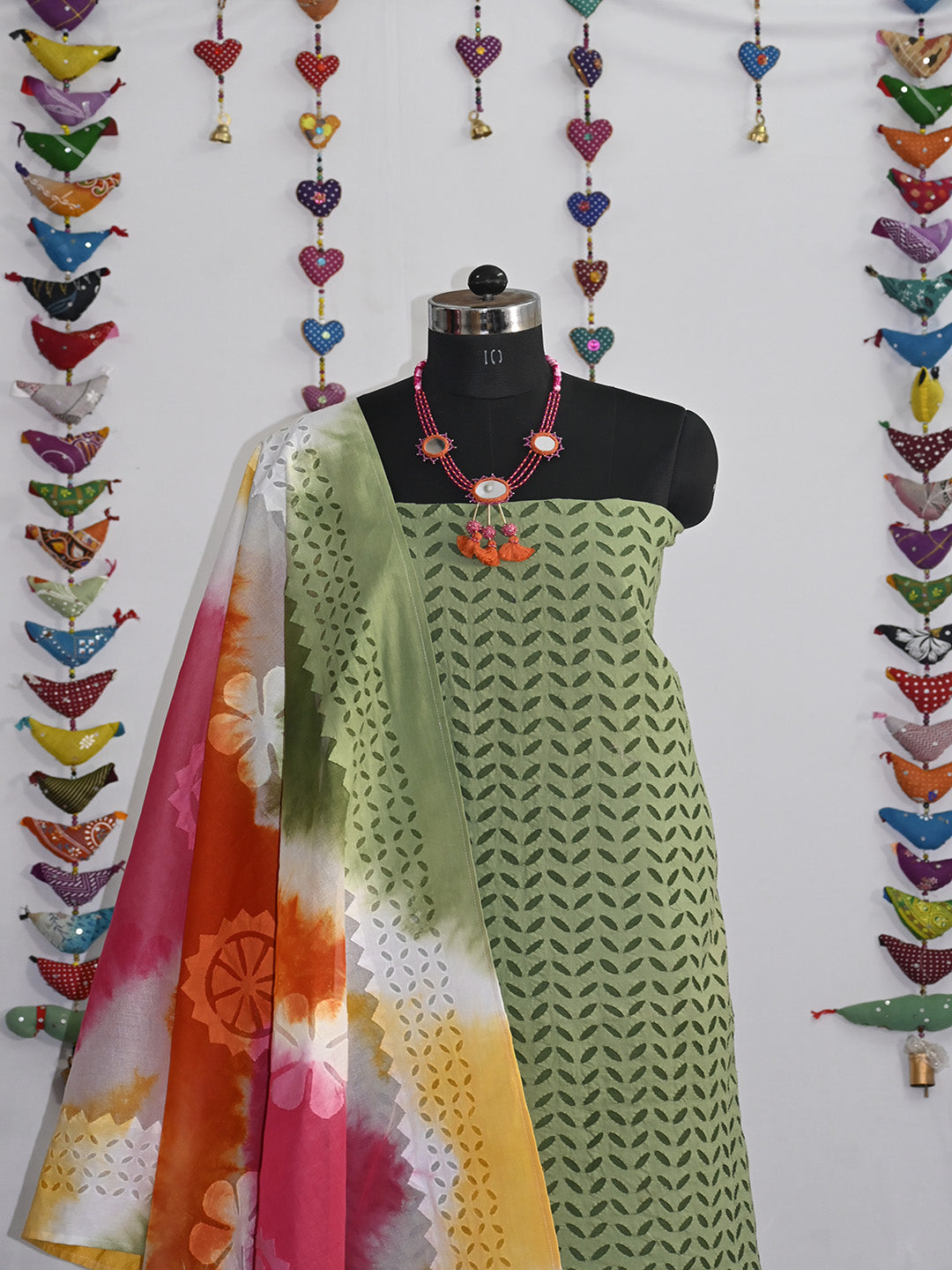 Kurta Fabric Applique Laher Khuddi Design, 3 Piece Cotton Set with Tie and Dye Dupatta