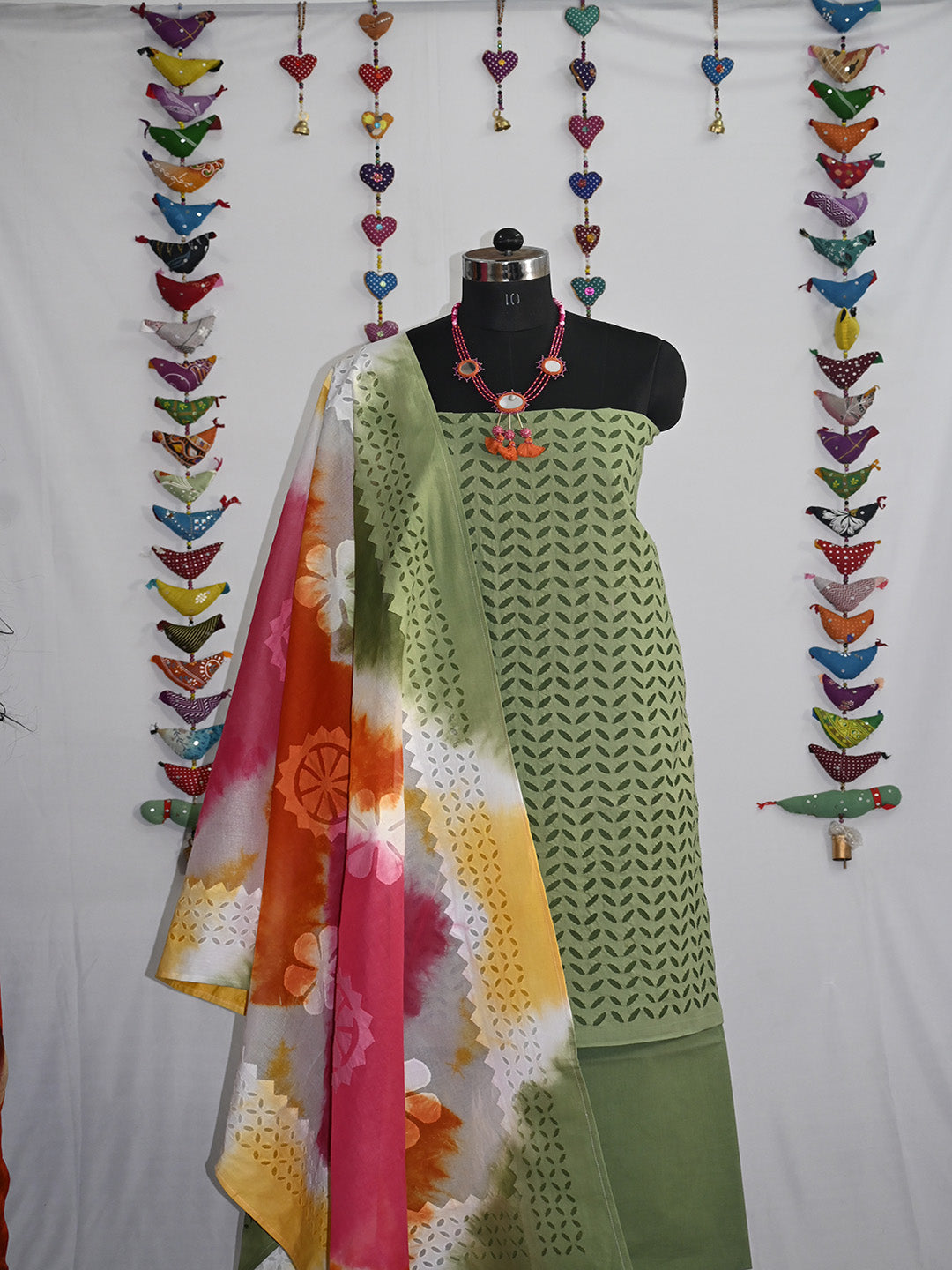 Kurta Fabric Applique Laher Khuddi Design, 3 Piece Cotton Set with Tie and Dye Dupatta