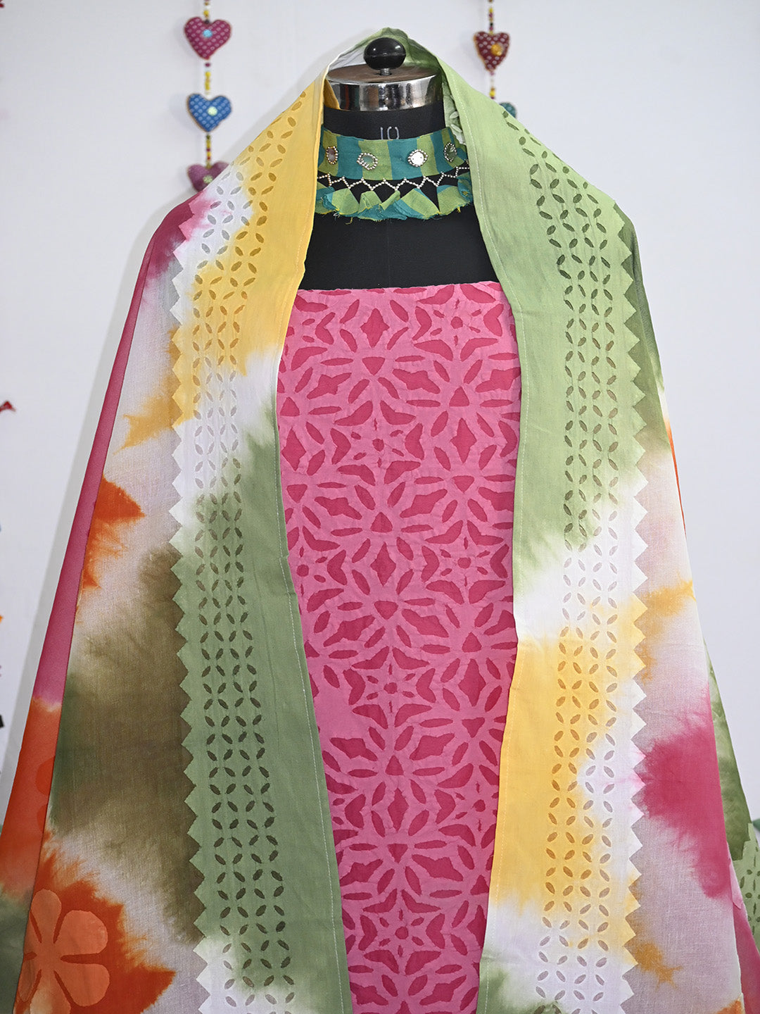 Kurta Fabric Applique Ankuddiya Design, 3 Piece Cotton Set with Tie and Dye Dupatta