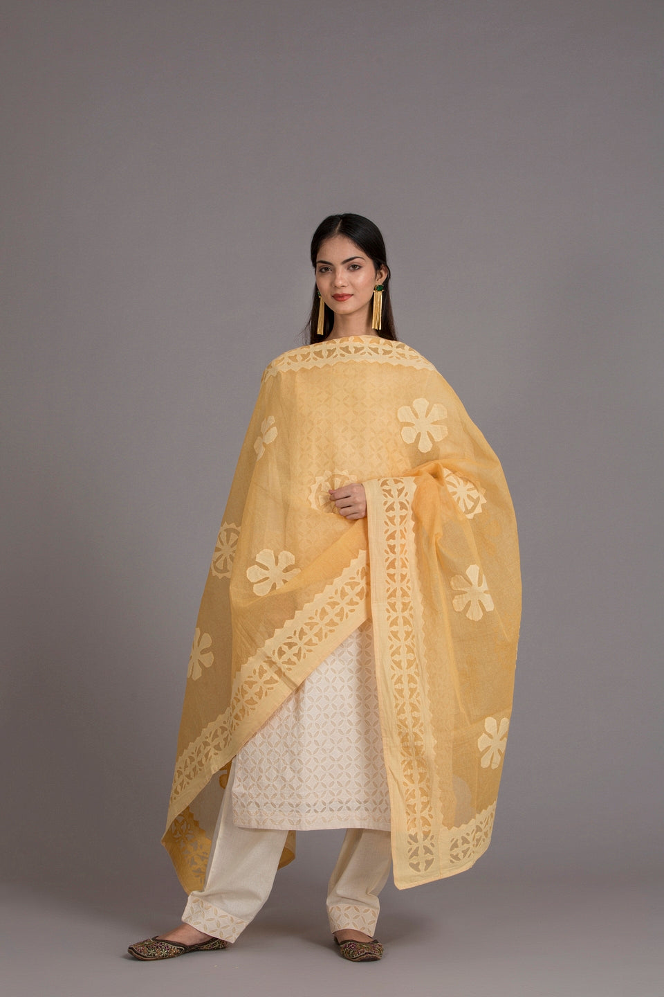 Duppatta Floral Applique Cotton with Ball Design Border, Mustard Yellow