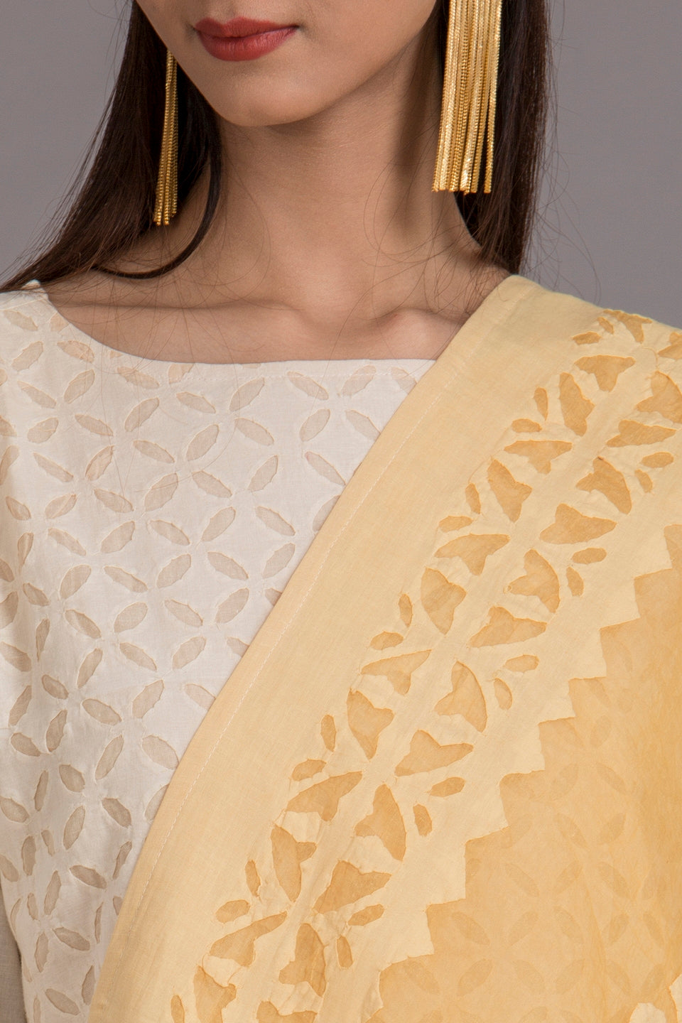 Duppatta Floral Applique Cotton with Ball Design Border, Mustard Yellow