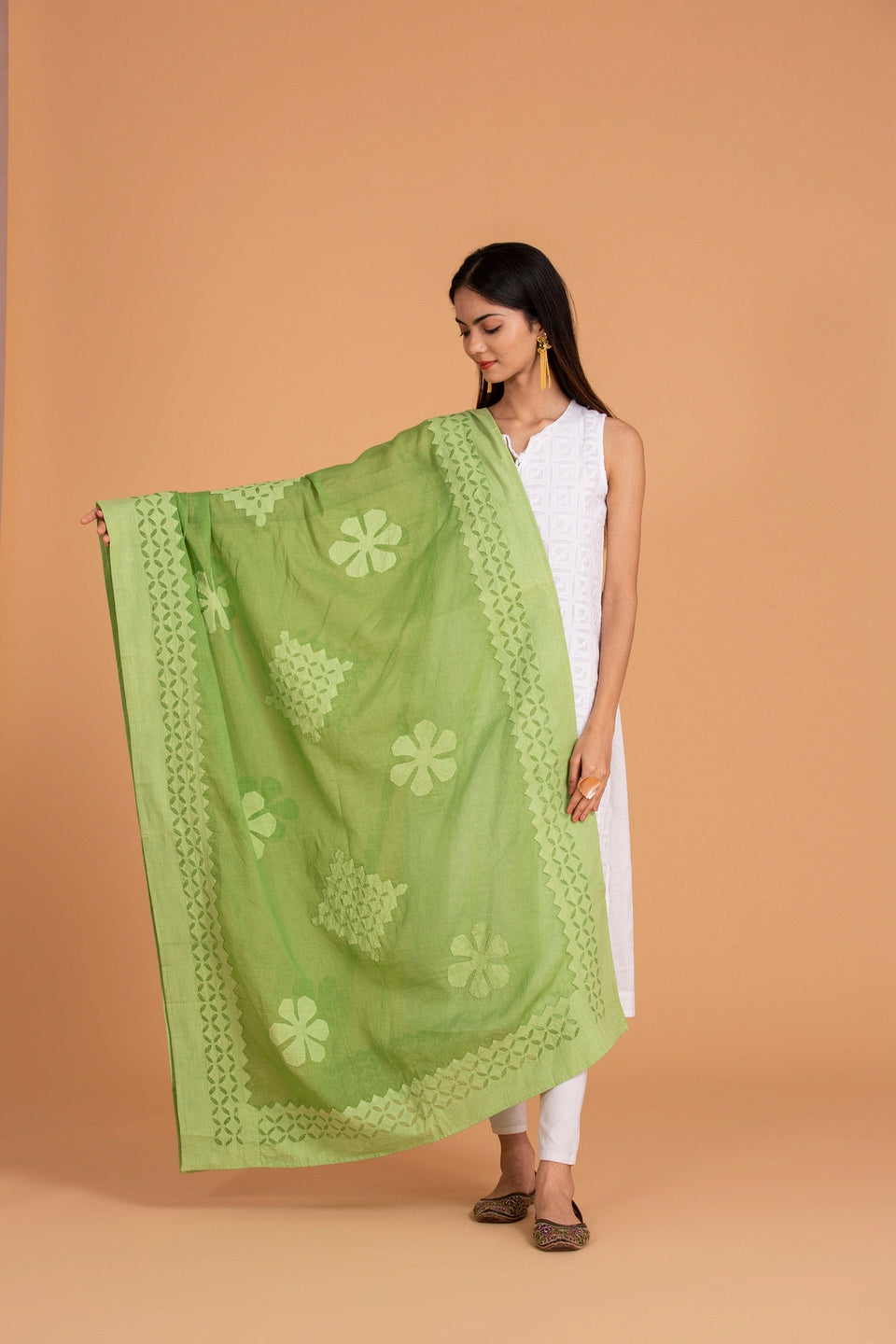 Duppatta Floral Diamond Applique Cotton with Khuddi Design Border, Light Green