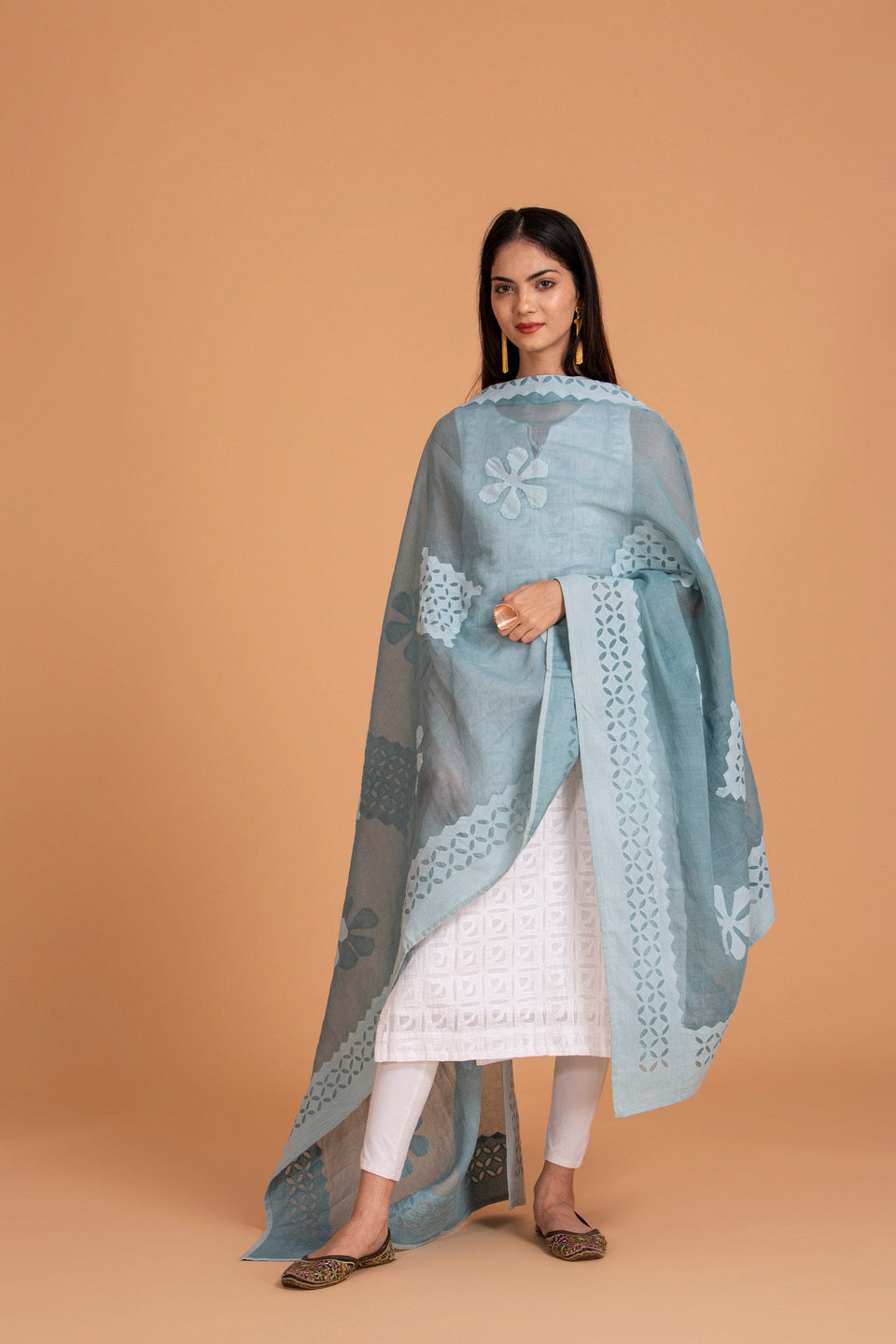 Duppatta Floral Diamond Applique Cotton with Khuddi Design Border, Grey