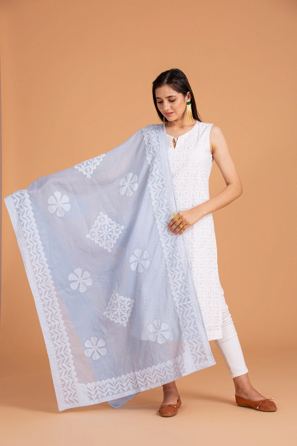 Duppatta Floral Diamond Applique Cotton with Single One sided Khuddi Border, Baby Blue