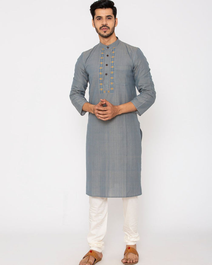 Elevate Your Style with a Hand-weaved Chinese Collar Kurta in Grey
