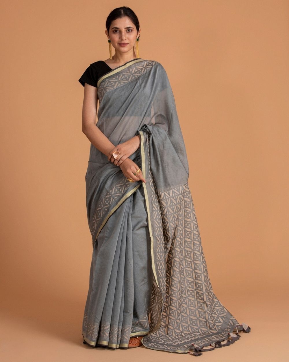 Chanderi Saree Applique Long Box Motif, Grey