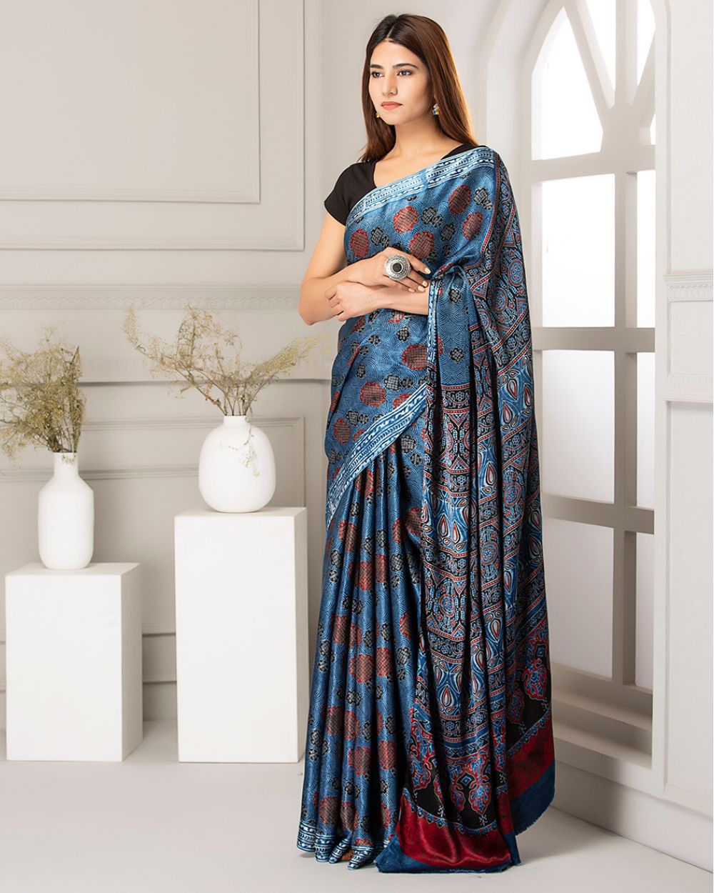 Silk Saree Ajrak Modal, Dark Blue