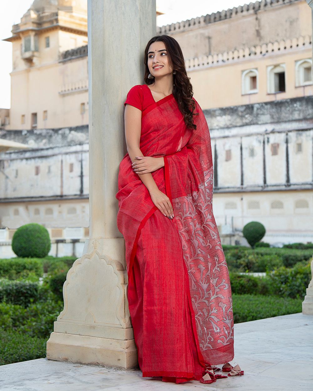 Tussar Silk Saree Kantha, Red
