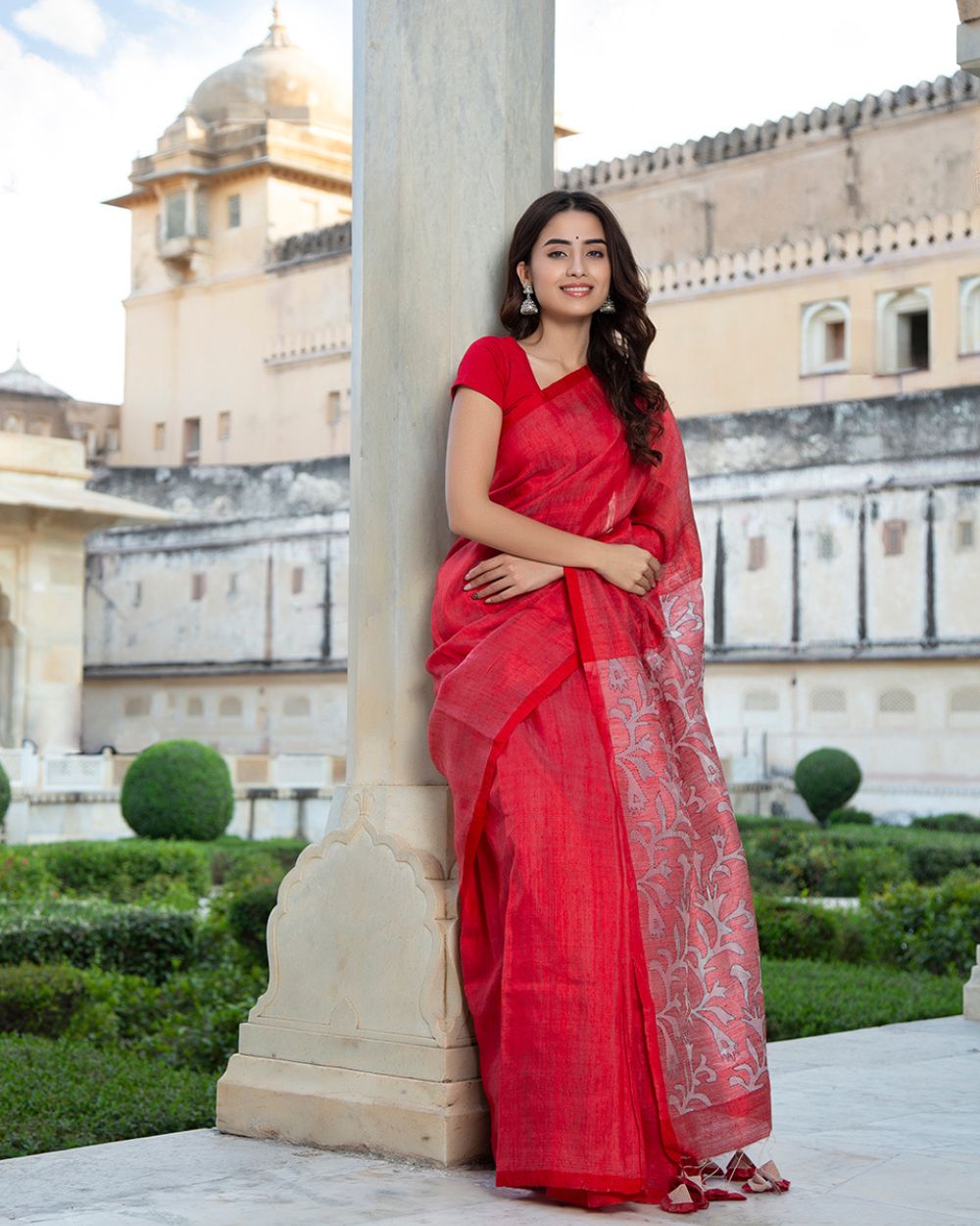 Coral Color Tussar Cotton Printed Saree