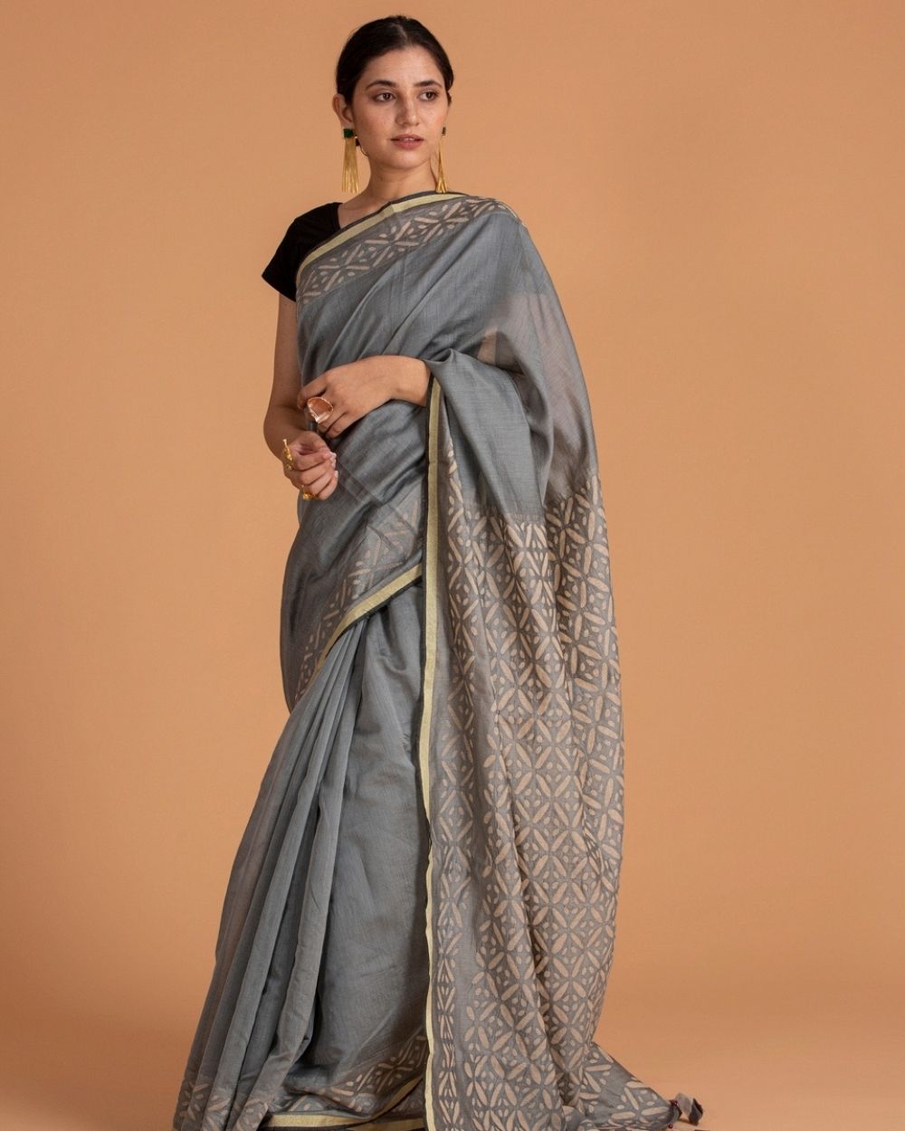 Chanderi Saree Applique Long Box Motif, Grey