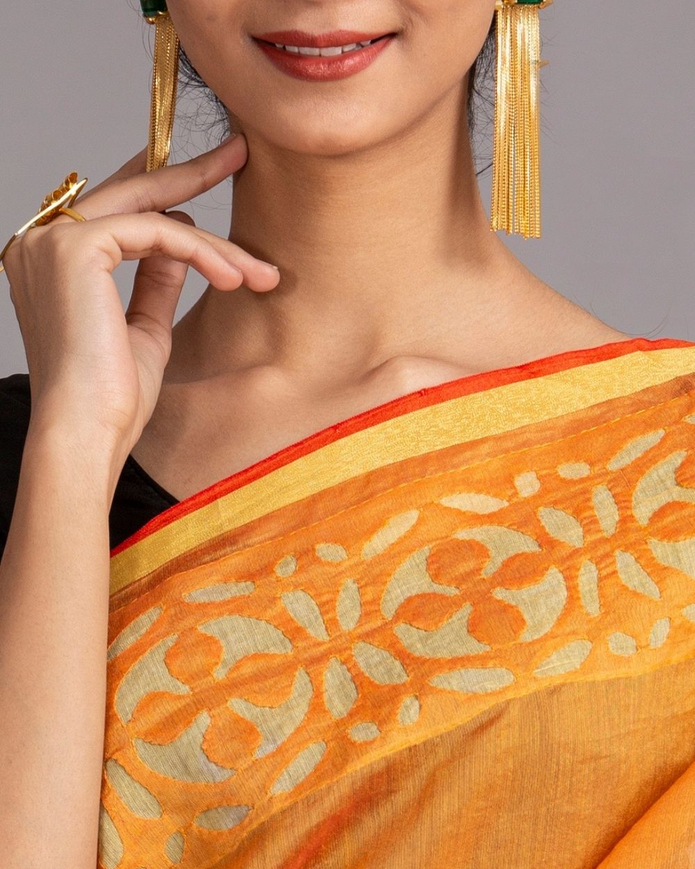 Chanderi Saree Applique Ball Motif, Orange