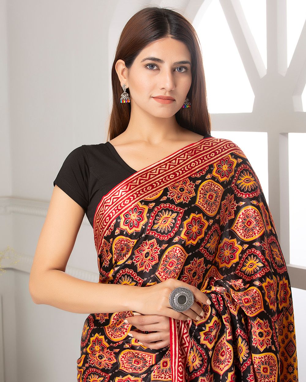 Hand Block-Printed Ajrakh Silk Saree - Ajrak Printing & Dyeing Crafts |  World Art Community