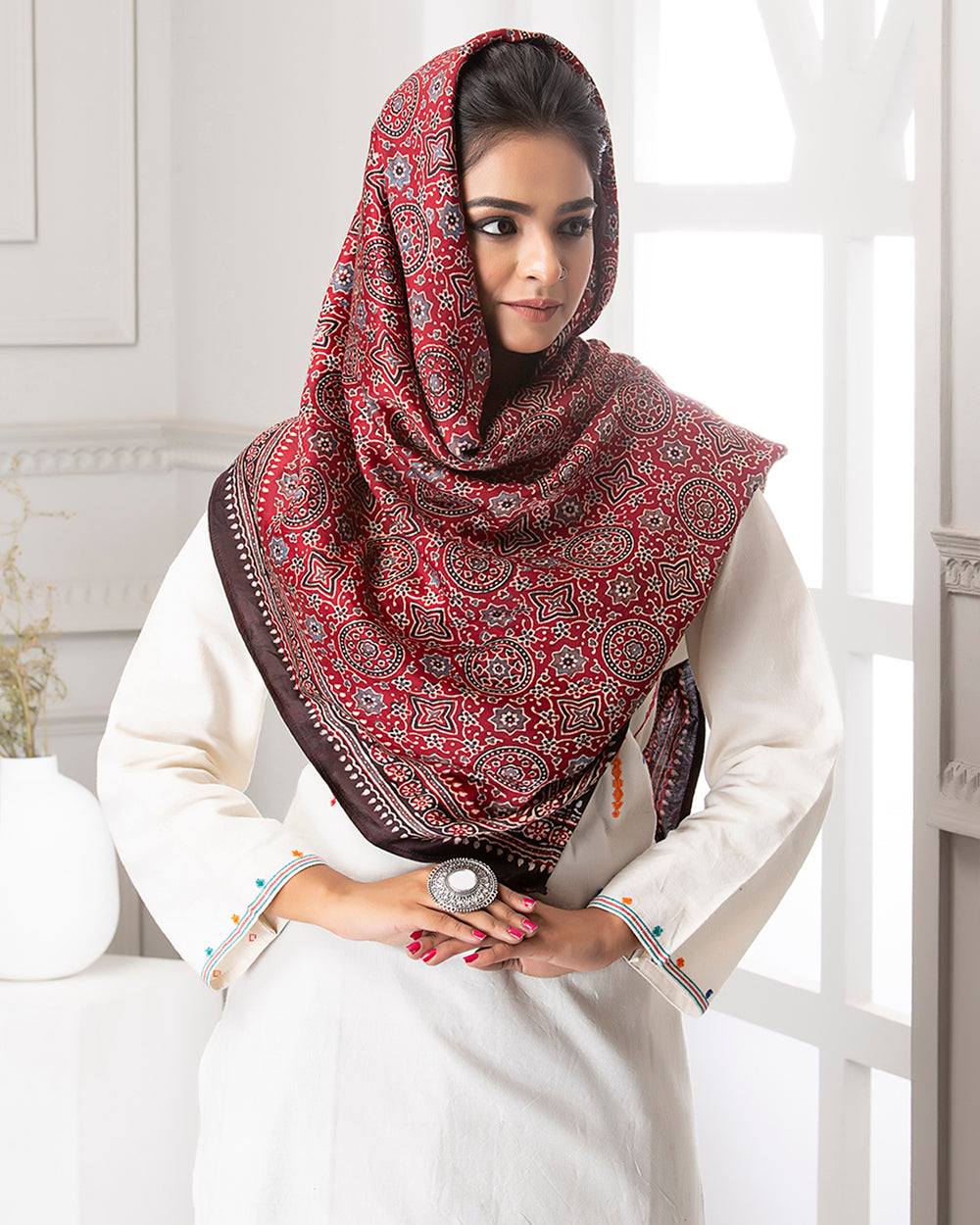 Scarf Print Ajrakh, Red