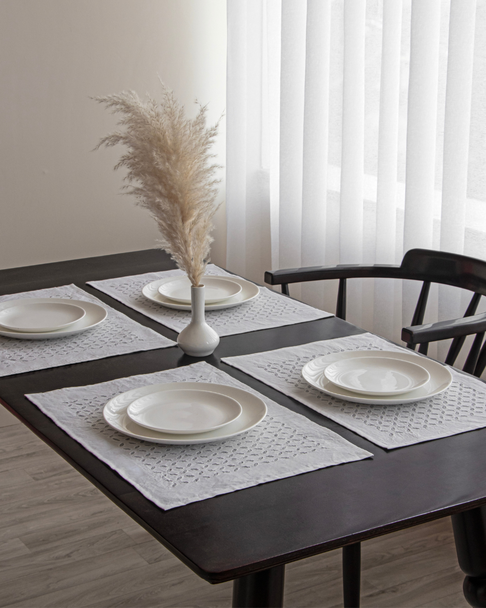 Table Mats Applique Khuddi Design, Pack of 4, White