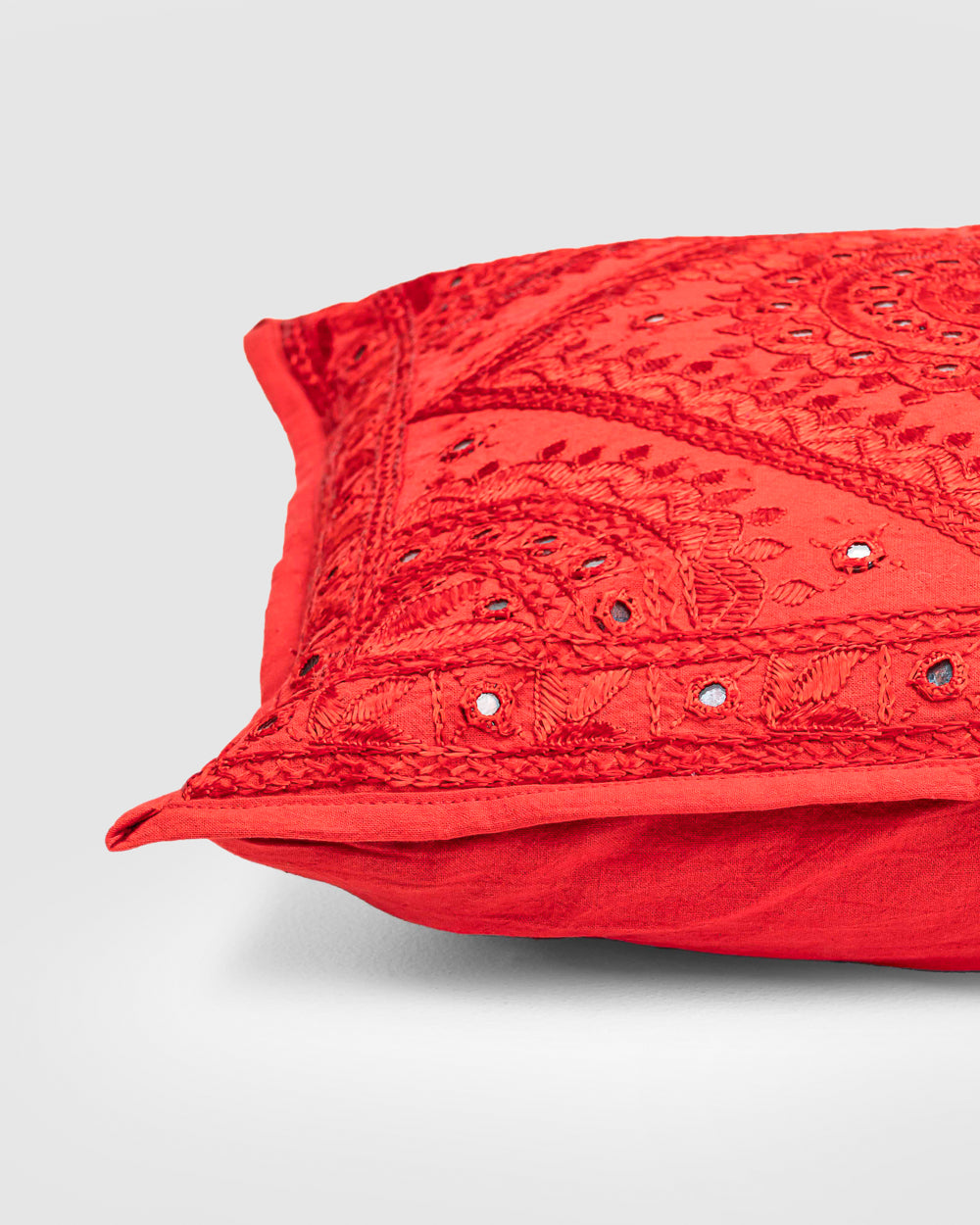 Cushion Cover Heavy Embroidery & Mirror-work, Red